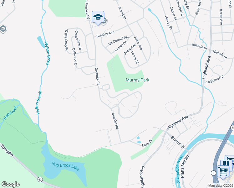 map of restaurants, bars, coffee shops, grocery stores, and more near 855 Oronoke Road in Waterbury