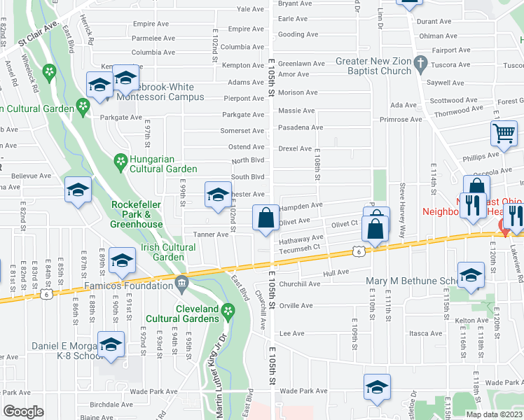 map of restaurants, bars, coffee shops, grocery stores, and more near E 104th Pl in Cleveland