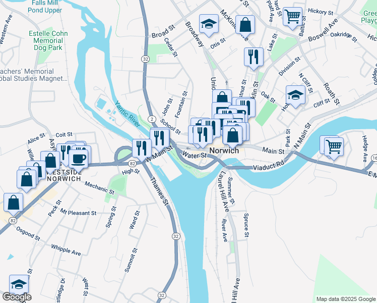 map of restaurants, bars, coffee shops, grocery stores, and more near in Norwich