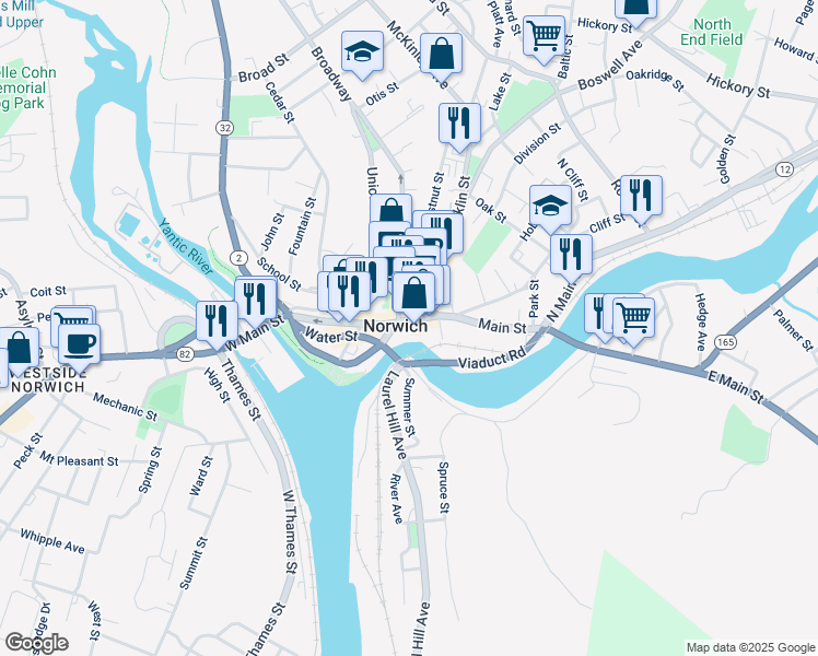 map of restaurants, bars, coffee shops, grocery stores, and more near 1 Franklin Street in Norwich