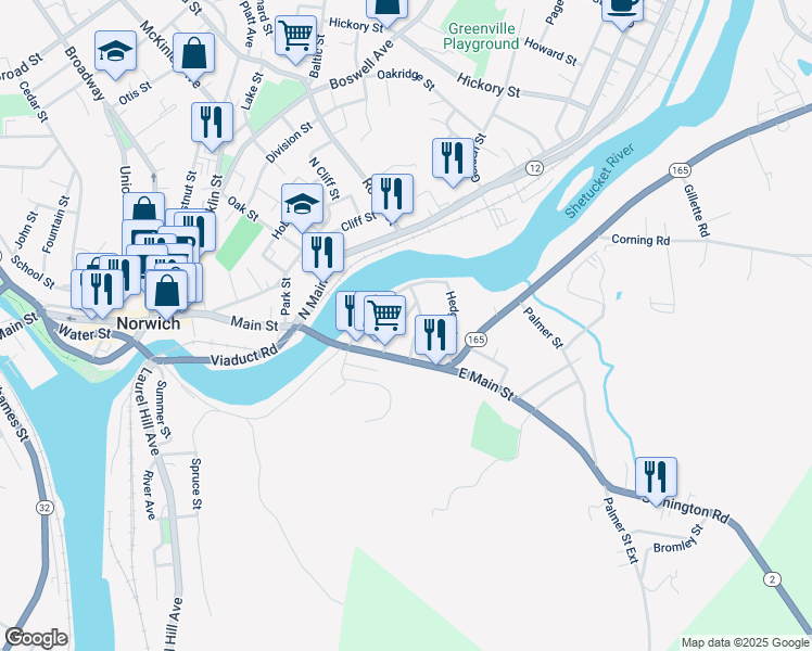 map of restaurants, bars, coffee shops, grocery stores, and more near 34 Penobscot Street in Norwich