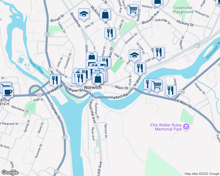 map of restaurants, bars, coffee shops, grocery stores, and more near 25 Railroad Avenue in Norwich