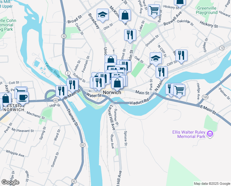 map of restaurants, bars, coffee shops, grocery stores, and more near 1 Franklin Street in Norwich