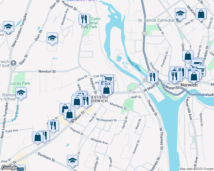map of restaurants, bars, coffee shops, grocery stores, and more near 2A Ann Street in Norwich