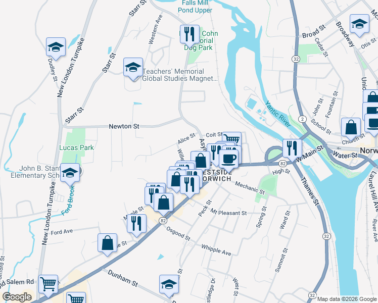 map of restaurants, bars, coffee shops, grocery stores, and more near 5 Pearl Street in Norwich