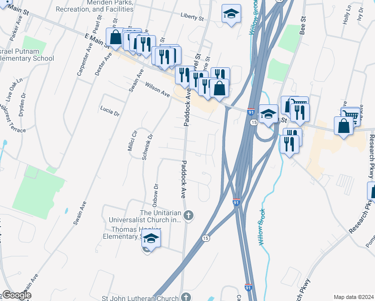 map of restaurants, bars, coffee shops, grocery stores, and more near 144 Paddock Avenue in Meriden