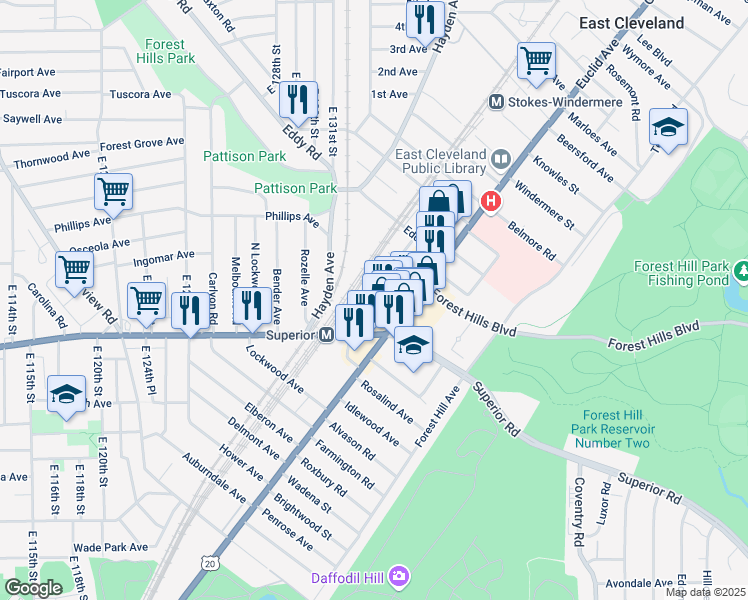 map of restaurants, bars, coffee shops, grocery stores, and more near 13508 Emily Street in East Cleveland