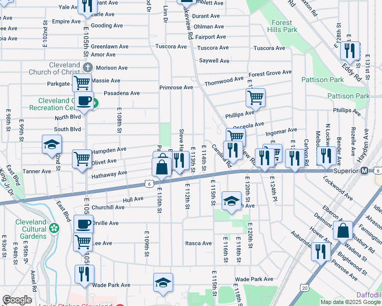 map of restaurants, bars, coffee shops, grocery stores, and more near 1224 East 114th Street in Cleveland