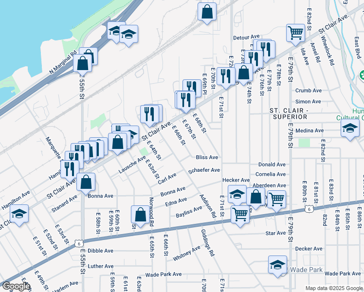 map of restaurants, bars, coffee shops, grocery stores, and more near 1094 East 66th Street in Cleveland