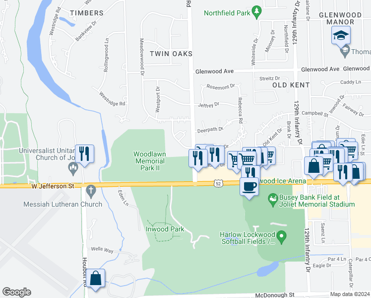 map of restaurants, bars, coffee shops, grocery stores, and more near 112 Twin Oaks Drive in Joliet