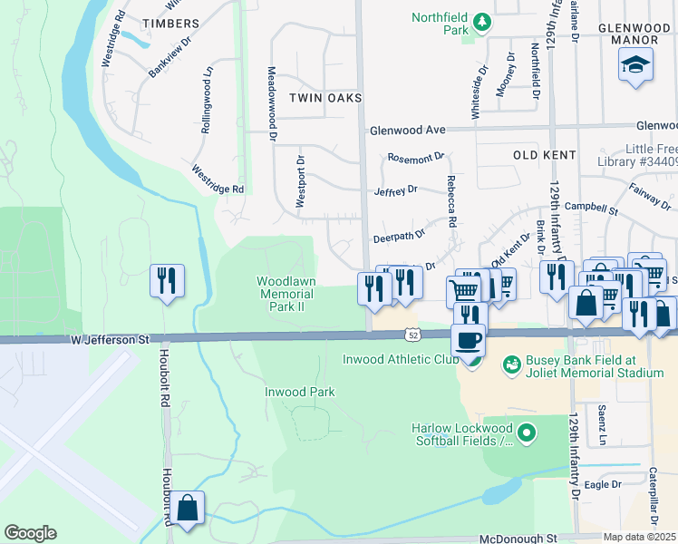 map of restaurants, bars, coffee shops, grocery stores, and more near 112 Twin Oaks Drive in Joliet
