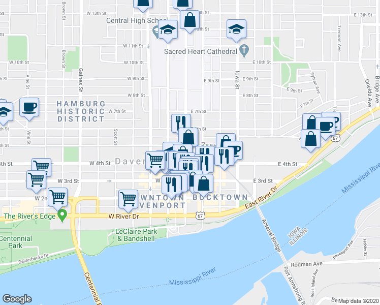 map of restaurants, bars, coffee shops, grocery stores, and more near 422 North Perry Street in Davenport
