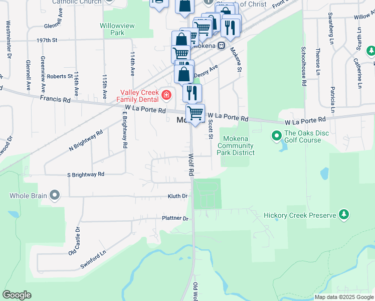 map of restaurants, bars, coffee shops, grocery stores, and more near 20024 Wolf Road in Mokena