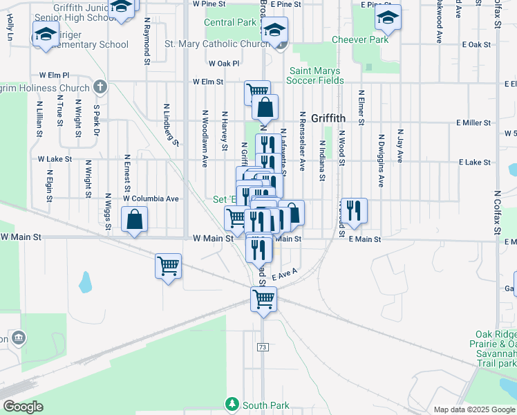 map of restaurants, bars, coffee shops, grocery stores, and more near in Griffith