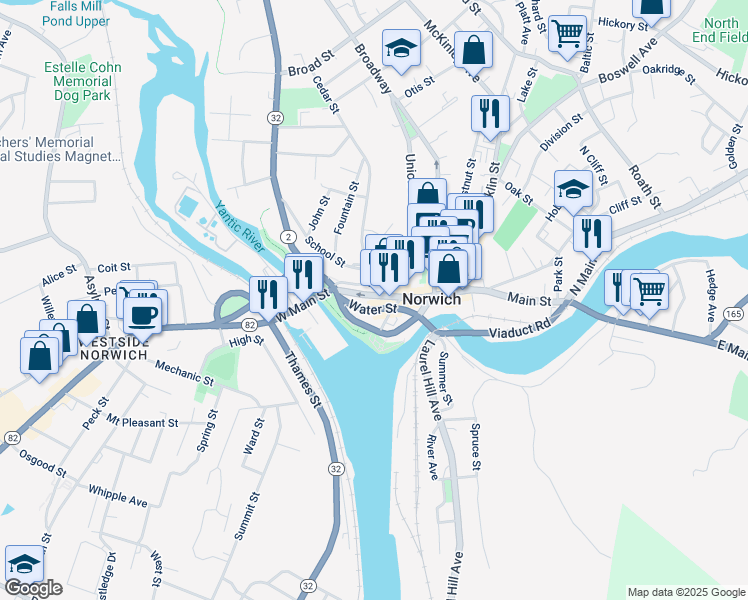 map of restaurants, bars, coffee shops, grocery stores, and more near 65 Main Street in Norwich