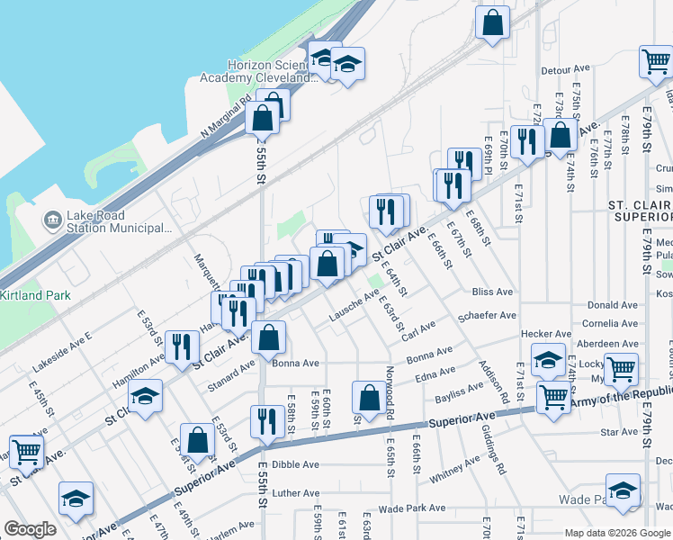 map of restaurants, bars, coffee shops, grocery stores, and more near 6205 Saint Clair Avenue in Cleveland