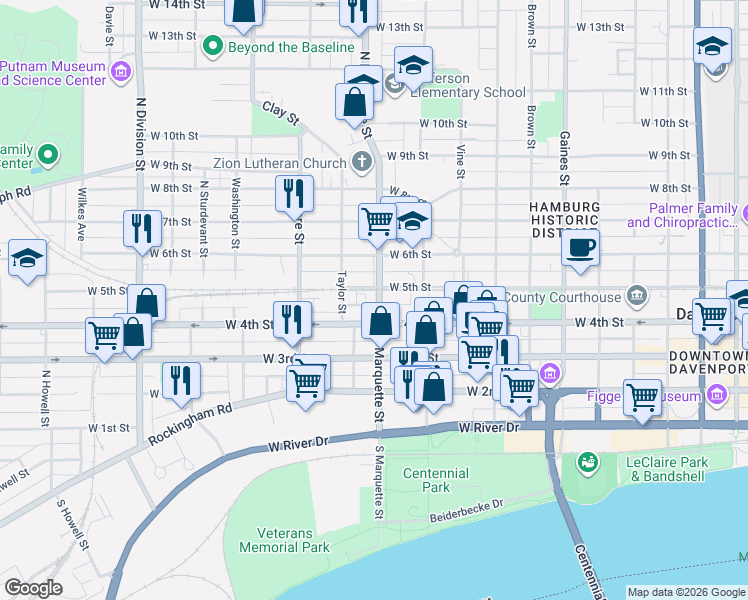map of restaurants, bars, coffee shops, grocery stores, and more near 430 North Marquette Street in Davenport