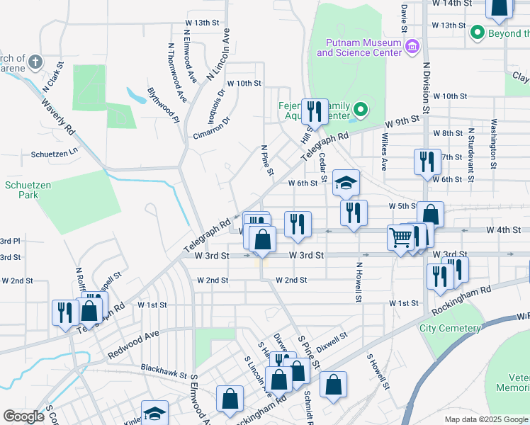 map of restaurants, bars, coffee shops, grocery stores, and more near 2143 West 5th Street in Davenport