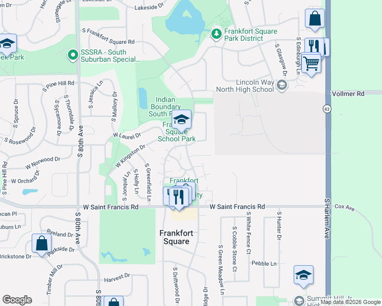 map of restaurants, bars, coffee shops, grocery stores, and more near 20108 South Frankfort Square Road in Frankfort