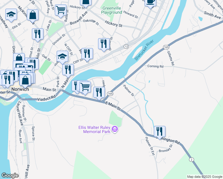 map of restaurants, bars, coffee shops, grocery stores, and more near 46 Hamilton Avenue in Norwich