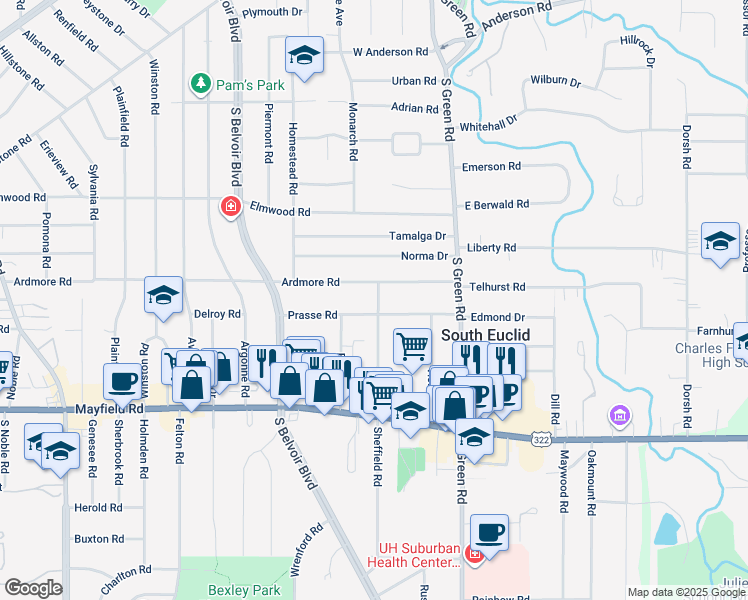 map of restaurants, bars, coffee shops, grocery stores, and more near 1306 Sheffield Road in South Euclid