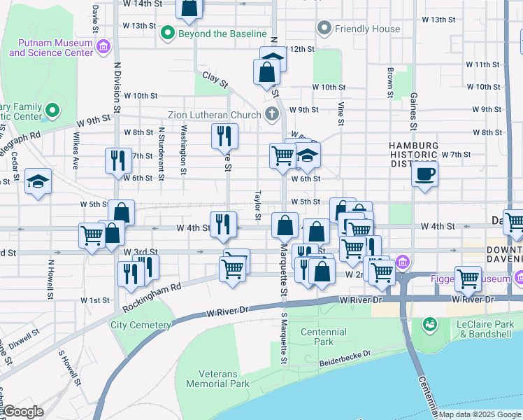 map of restaurants, bars, coffee shops, grocery stores, and more near 1235 West 5th Street in Davenport