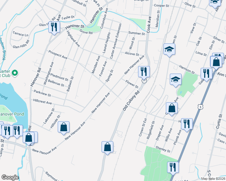map of restaurants, bars, coffee shops, grocery stores, and more near 190 New Hanover Avenue in Meriden