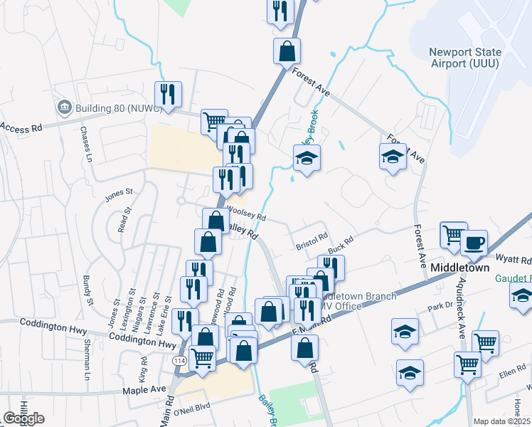 map of restaurants, bars, coffee shops, grocery stores, and more near 12 Woolsey Rd in Middletown