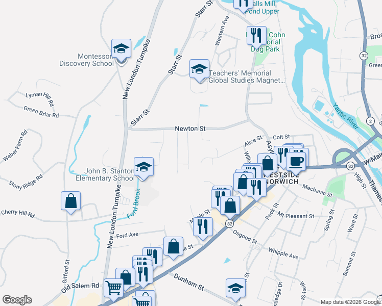 map of restaurants, bars, coffee shops, grocery stores, and more near 22 East Avenue in Norwich