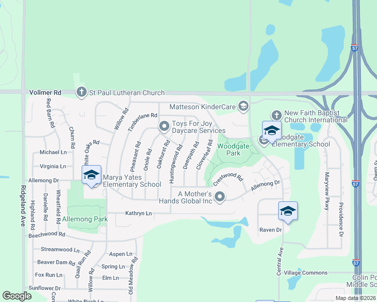 map of restaurants, bars, coffee shops, grocery stores, and more near 102 Deerpath Road in Matteson