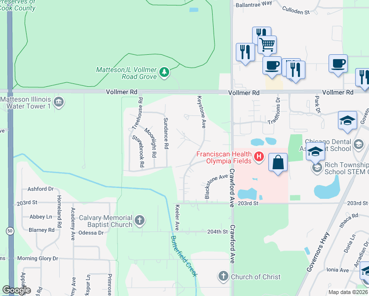 map of restaurants, bars, coffee shops, grocery stores, and more near 4107 Orchard Road in Matteson
