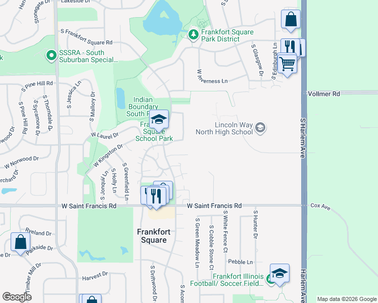 map of restaurants, bars, coffee shops, grocery stores, and more near 7602 West Moorefield Drive in Frankfort