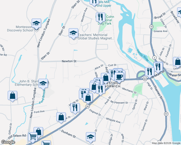 map of restaurants, bars, coffee shops, grocery stores, and more near 52 Alice Street in Norwich