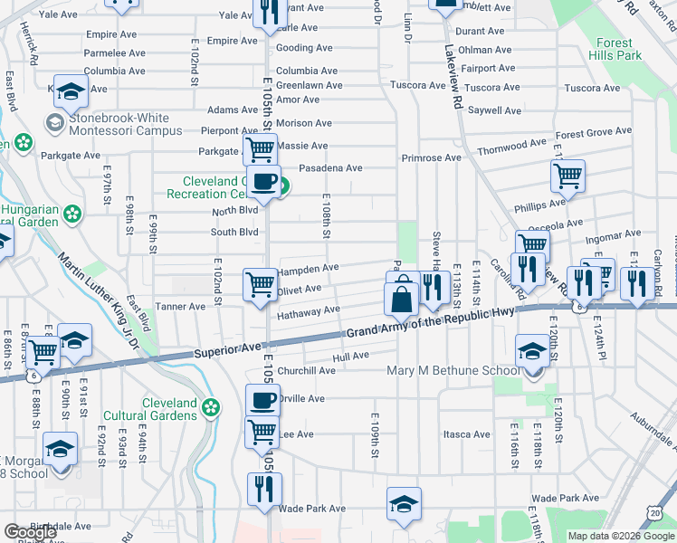 map of restaurants, bars, coffee shops, grocery stores, and more near 10822 Hampden Avenue in Cleveland