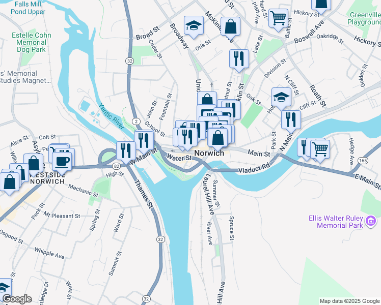 map of restaurants, bars, coffee shops, grocery stores, and more near 80 Main Street in Norwich