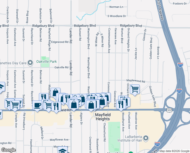 map of restaurants, bars, coffee shops, grocery stores, and more near 1319 West Miner Road in Mayfield Heights