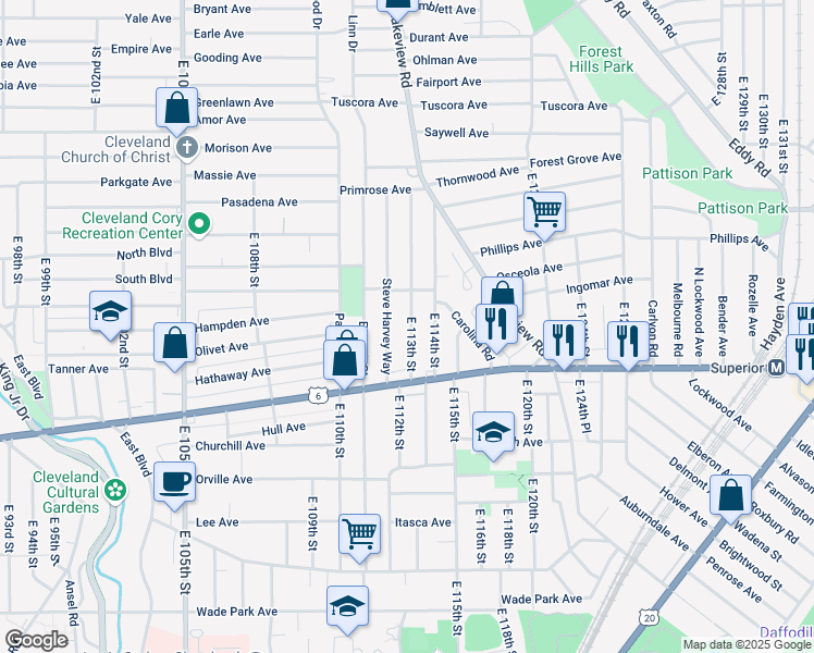 map of restaurants, bars, coffee shops, grocery stores, and more near 1224 East 114th Street in Cleveland