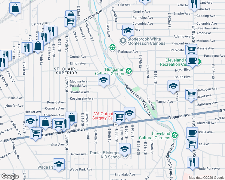 map of restaurants, bars, coffee shops, grocery stores, and more near 1126 Dallas Road in Cleveland