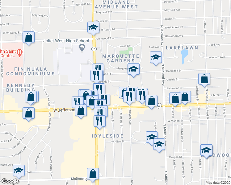 map of restaurants, bars, coffee shops, grocery stores, and more near 1620 Richmond Street in Joliet