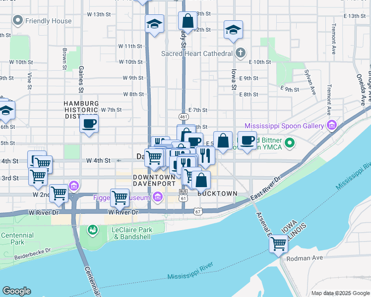 map of restaurants, bars, coffee shops, grocery stores, and more near 100 West 5th Street in Davenport