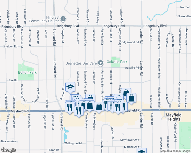 map of restaurants, bars, coffee shops, grocery stores, and more near 1327 Summit Drive in Mayfield Heights