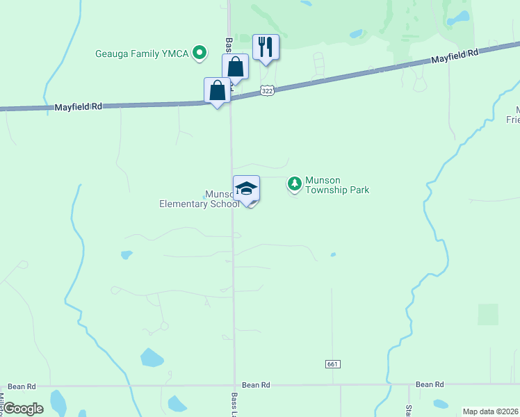 map of restaurants, bars, coffee shops, grocery stores, and more near 12687 Bass Lake Road in Chardon