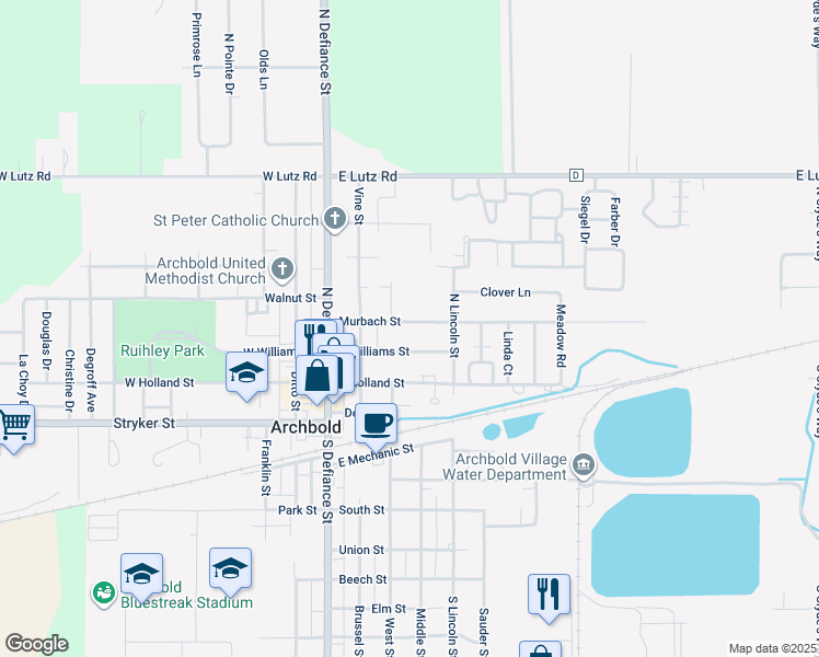 map of restaurants, bars, coffee shops, grocery stores, and more near 305 Murbach Street in Archbold