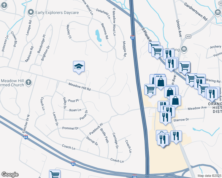 map of restaurants, bars, coffee shops, grocery stores, and more near 501 Bill Robinson Way in Newburgh