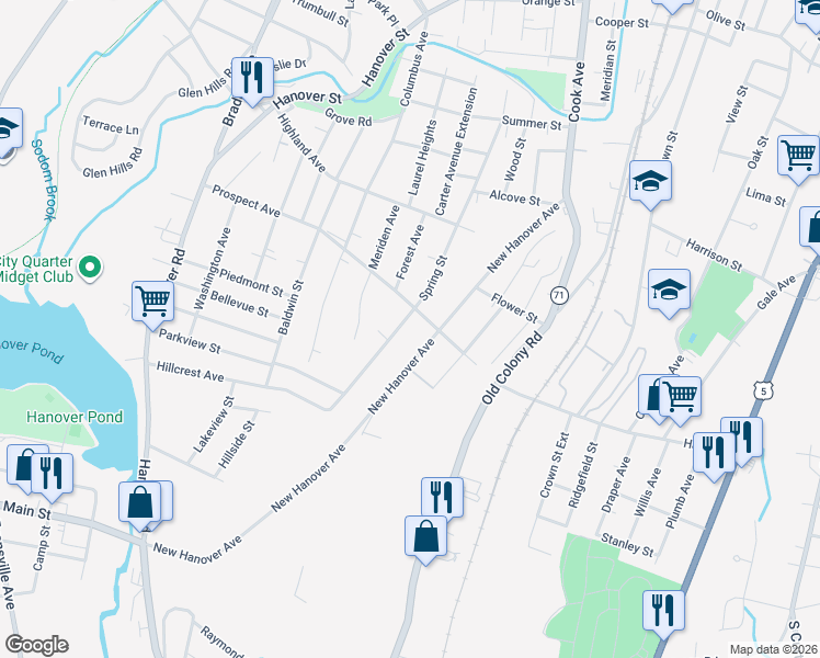 map of restaurants, bars, coffee shops, grocery stores, and more near 277 Prospect Avenue in Meriden