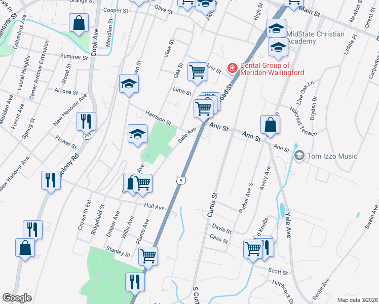 map of restaurants, bars, coffee shops, grocery stores, and more near 96 Broad Street in Meriden