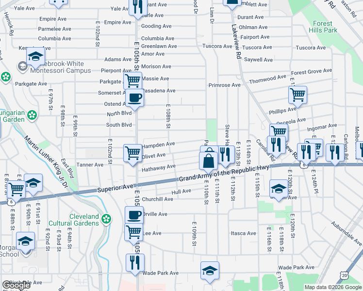 map of restaurants, bars, coffee shops, grocery stores, and more near 10822 Hampden Avenue in Cleveland