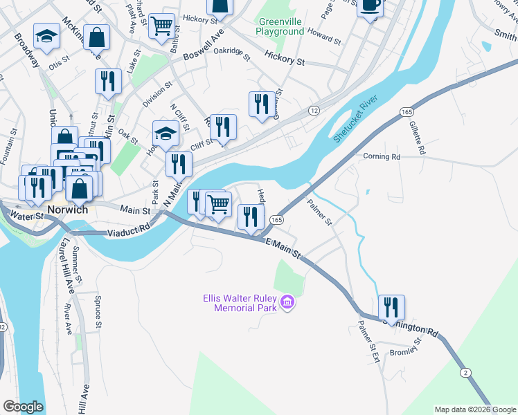map of restaurants, bars, coffee shops, grocery stores, and more near 36 Hedge Avenue in Norwich