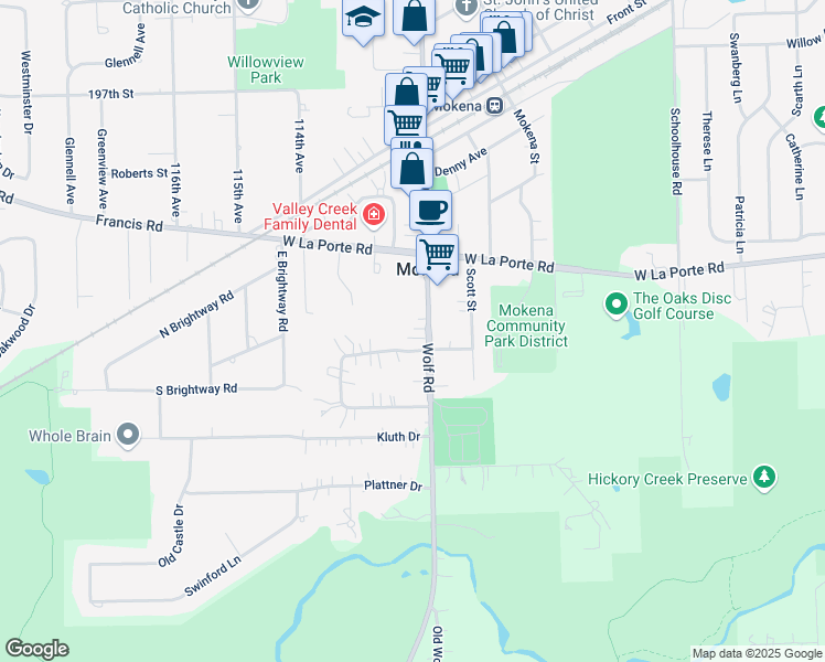 map of restaurants, bars, coffee shops, grocery stores, and more near 20024 Wolf Road in Mokena