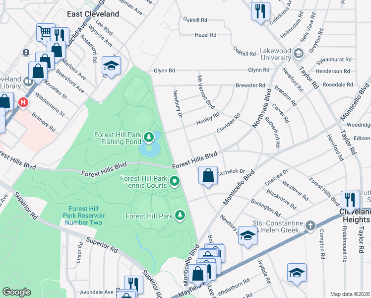 map of restaurants, bars, coffee shops, grocery stores, and more near 2260 Newbury Drive in East Cleveland